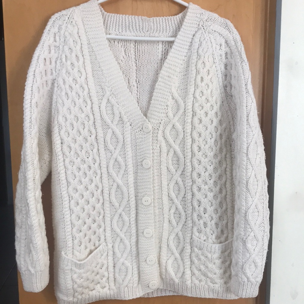 White hand crafted aran cable knit vneck button cardigan